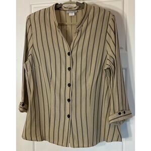 Coral Bay Tan & Black w/Silver Thread 3/4 Sleeve Button Blouse w/Attach Tank X-L